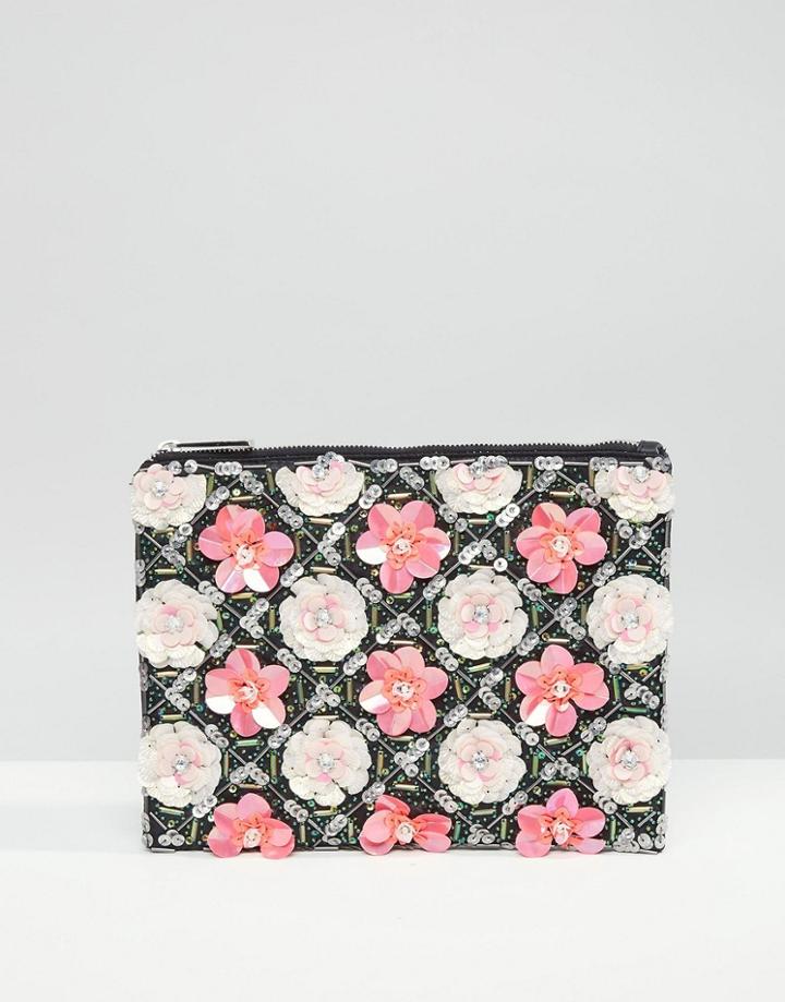 Asos Grid Floral Zip Top Clutch Bag - Multi