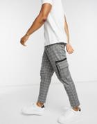 Asos Design Smart Tapered Pants In Gray Check Print And Cargo Pockets-grey