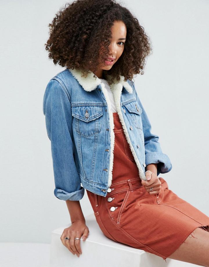 Asos Denim Shrunken Borg Jacket In Tammy Midwash Blue - Blue
