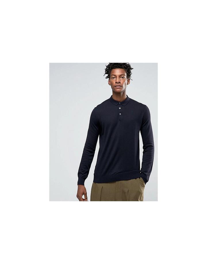 Kiomi Knitted Polo Shirt With Long Sleeves - Navy