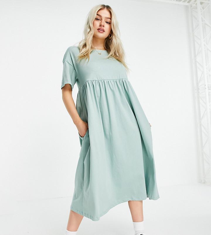 Asos Design Petite Oversized Midi Smock Dress In Sage-green