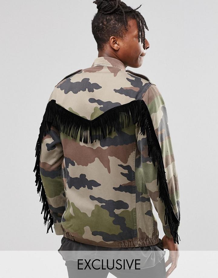Reclaimed Vintage Military Jacket With Fringing - Khaki