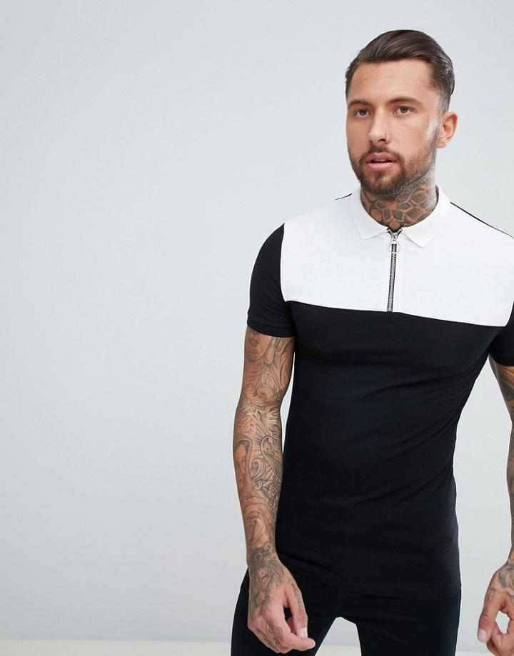 Asos Design Muscle Fit Polo With Contrast Yoke And Zip Neck - Multi
