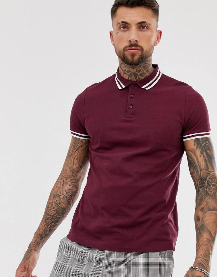 Asos Design Tipped Pique Polo Shirt In Burgundy - Red