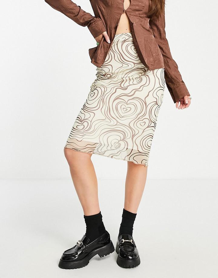 Daisy Street Y2k Mesh Midi Skirt In Cream Wavy Heart Print-white