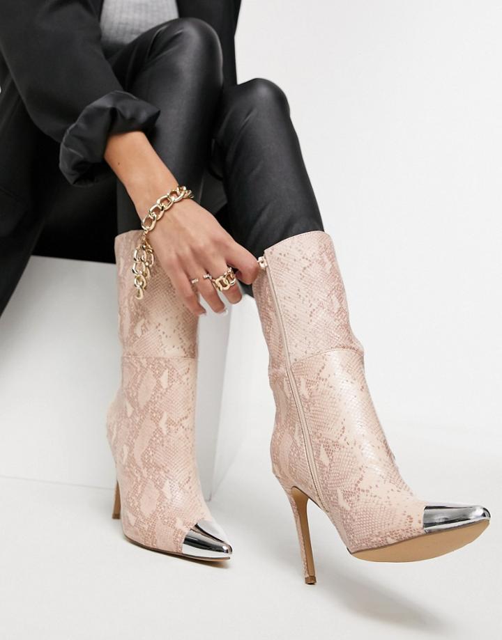 Public Desire Portrait Pull On Calf Boots With Toe Cap In Snake-neutral