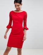 City Goddess Pleated Midi Dress With Lace Sleeves - Red