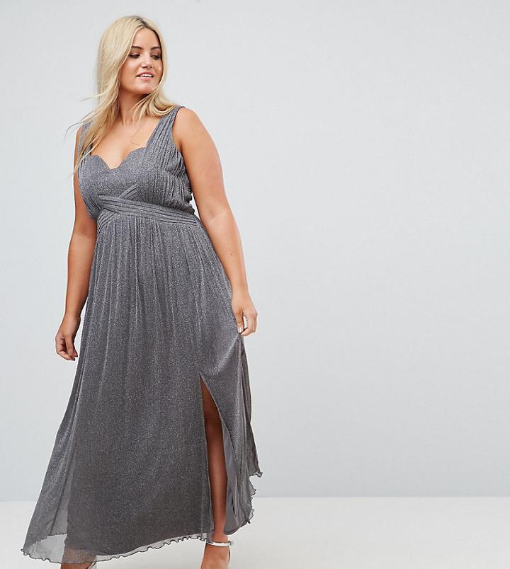 Little Mistress Plus Metallic Jersey Maxi Dress With Wrap Detail - Silver