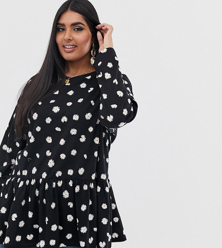 Asos Design Curve Smock Top In Ditsy Print With Long Sleeves - Black