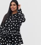 Asos Design Curve Smock Top In Ditsy Print With Long Sleeves - Black