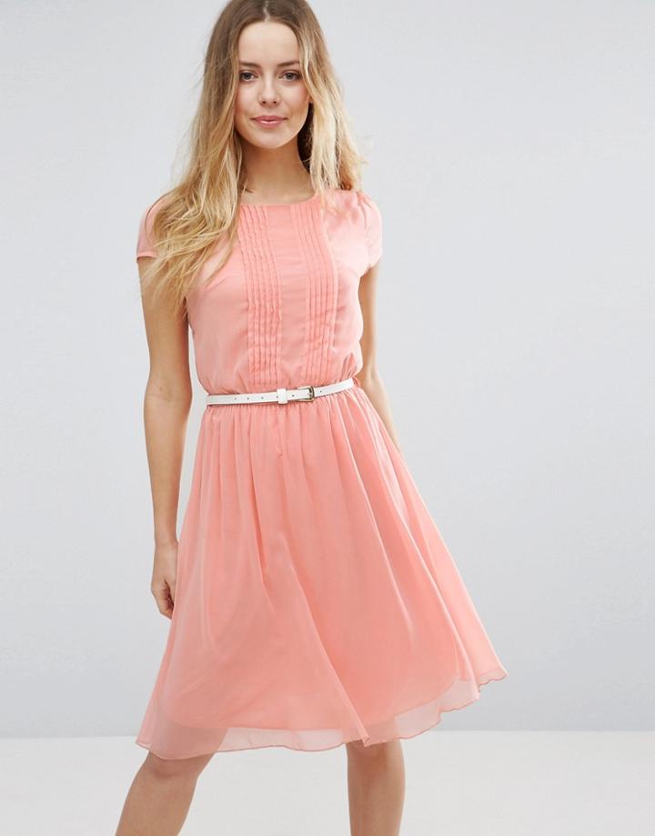 Jasmine Skater Dress With Pleat Detail Front - Pink