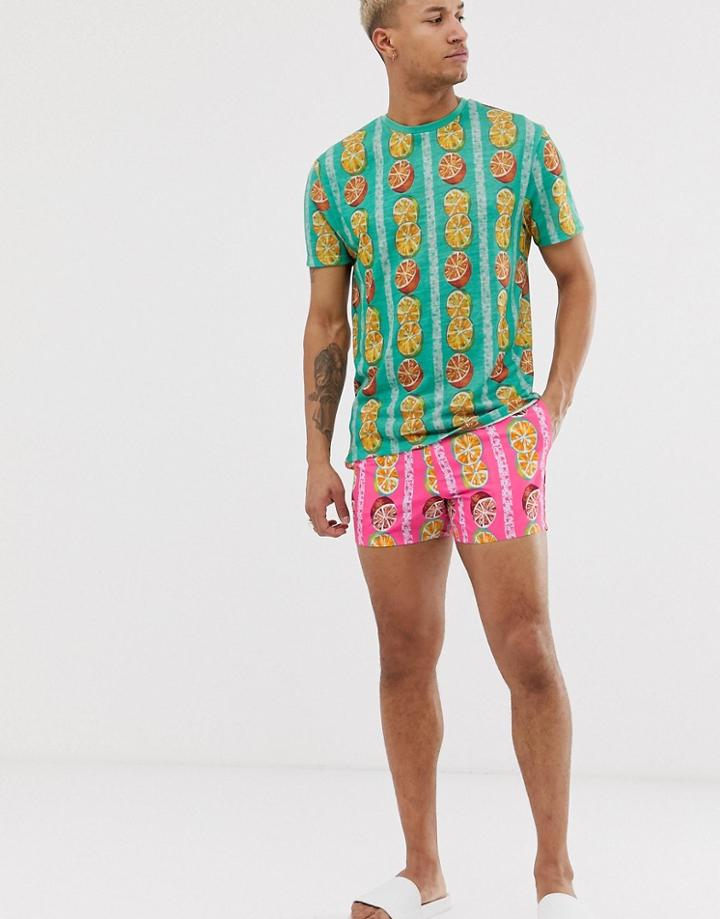 Asos Design Two-piece Swim Shorts In Citrus Fruit Print Short Length-pink