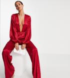 Missguided Tall Satin Tie Front Wide Leg Jumpsuit In Burgundy-red