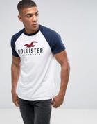 Hollister Crew T-shirt Baseball Tech Logo Slim Fit In White/navy - White