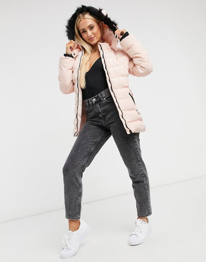 Brave Soul Arna Padded Coat With Faux Fur Trim Hood-pink