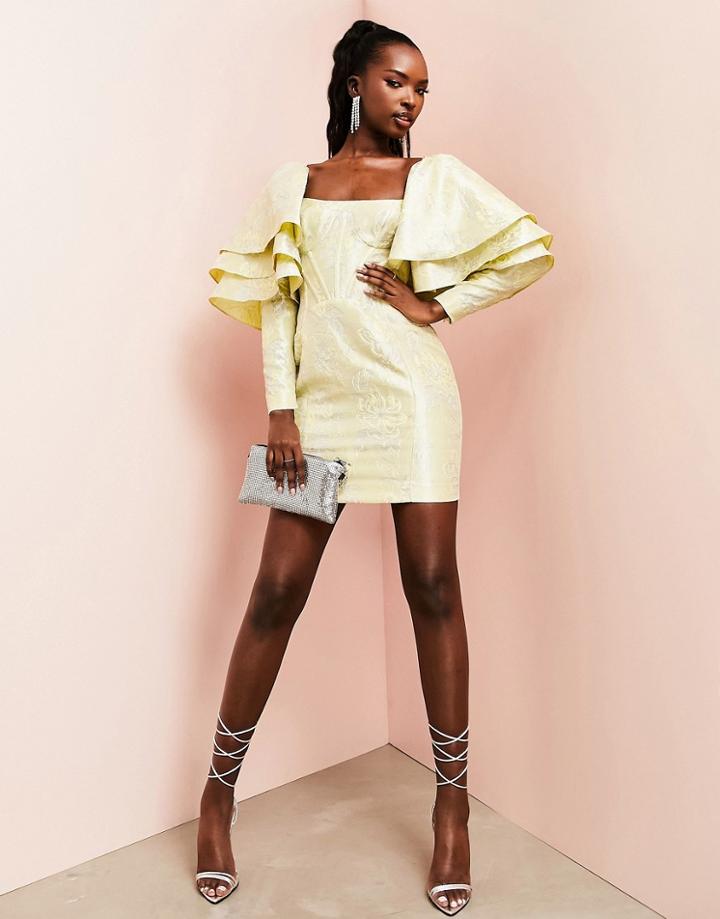 Asos Luxe Jacquard Mini Dress With Triple Ruffle Shoulder In Pastel Yellow