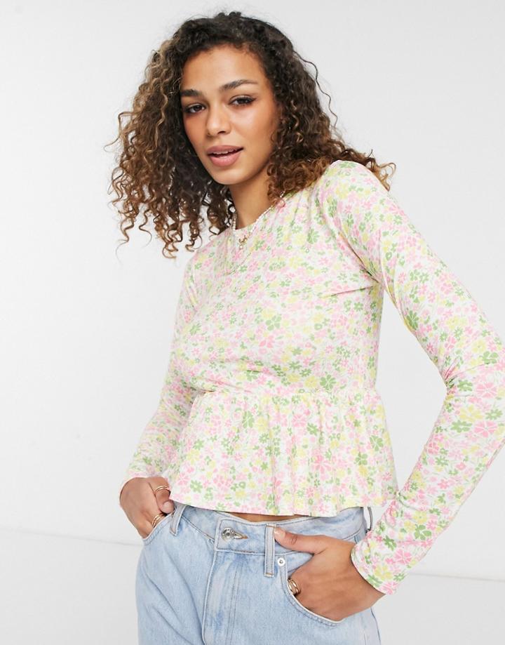 Asos Design Fitted Peplum Top In Floral Print-multi
