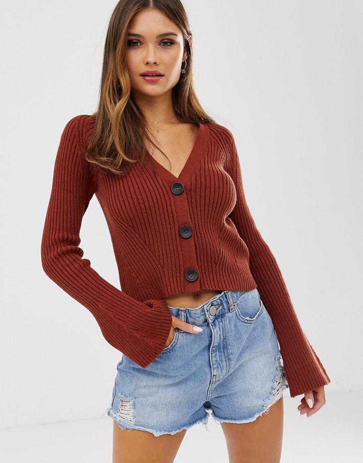 Asos Design Cropped Boyfriend Cardigan In Rib - Brown