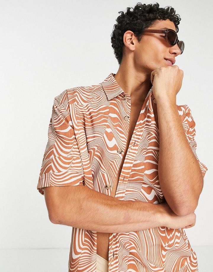 Topman Cotton Shirt In Brown And Off White Wave Print