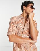 Topman Cotton Shirt In Brown And Off White Wave Print