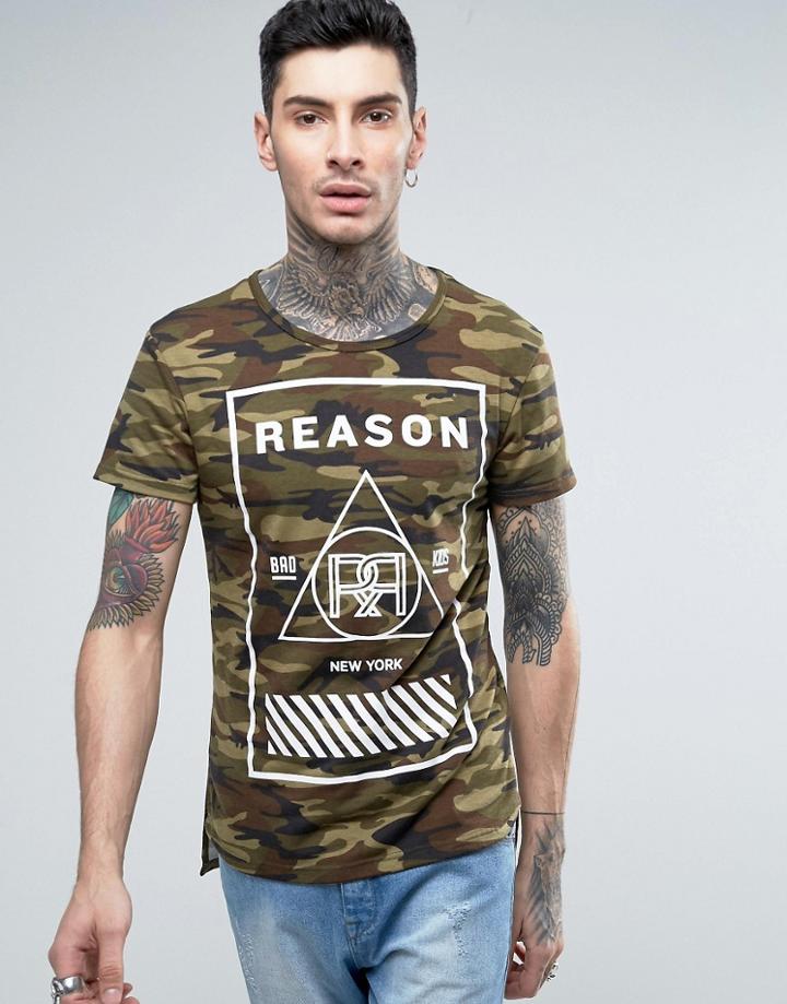 Reason Distressed Camo T-shirt With Large Logo Print - Green