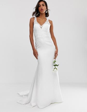 Asos Edition Embellished Lace Bodice Wedding Dress With Crepe Skirt-white