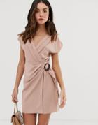 Asos Design Wrap Mini Dress With Buckle-pink