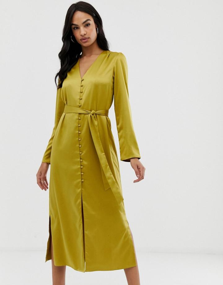 Fashion Union Satin Button Front Midi Dress-green