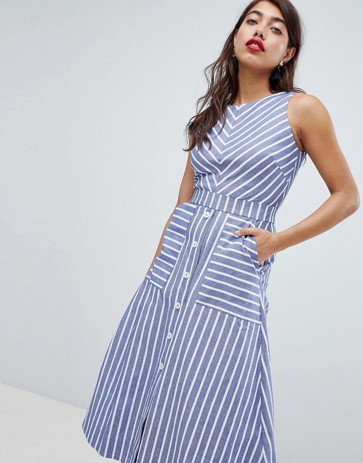 Warehouse Stripe Button Down Midi Dress - Blue