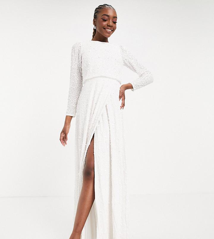 Maya Tall Embellished Long Sleeve Maxi Dress With Slit In White