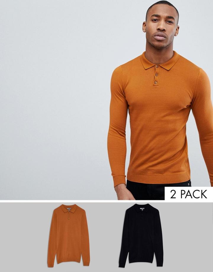 Asos Design 2 Pack Muscle Fit Polo In Tan/ Black Save - Multi