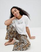 Asos Design Tee & Leopard Print Wide Leg Pants Pyjama Set - Multi