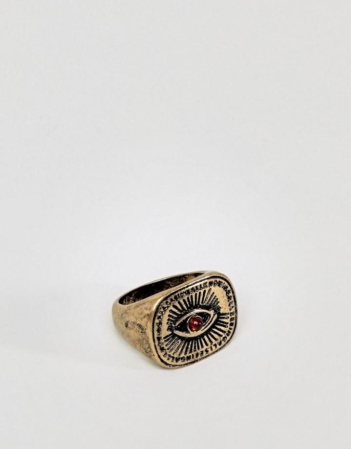 Asos Design Ring With Egyptian Eye And Stone In Burnished Gold - Gold