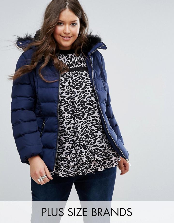 Koko Plus Padded Coat With Faux Fur Collar - Navy