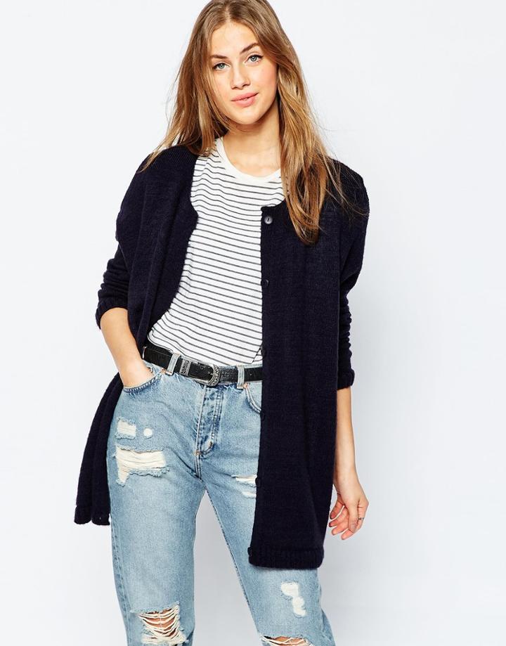 Asos Boyfriend Cardigan With Crew Neck In Soft Yarn - Navy