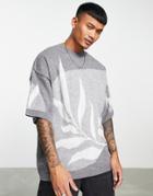 Topman Oversized Knitted T-shirt With Leaf Print In Gray