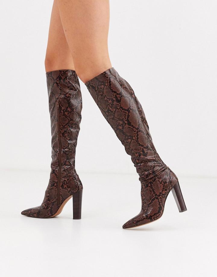 Asos Design Coral Heeled Knee High Boots In Snake-brown
