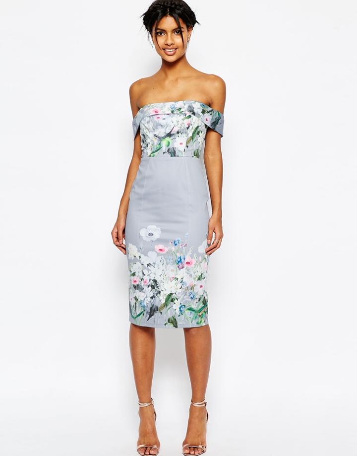 Asos Gray Border Floral Midi Pencil Dress - Multi