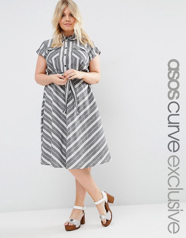Asos Curve Tie Waist Midi Shirt Dress In Natural Stripe - Multi
