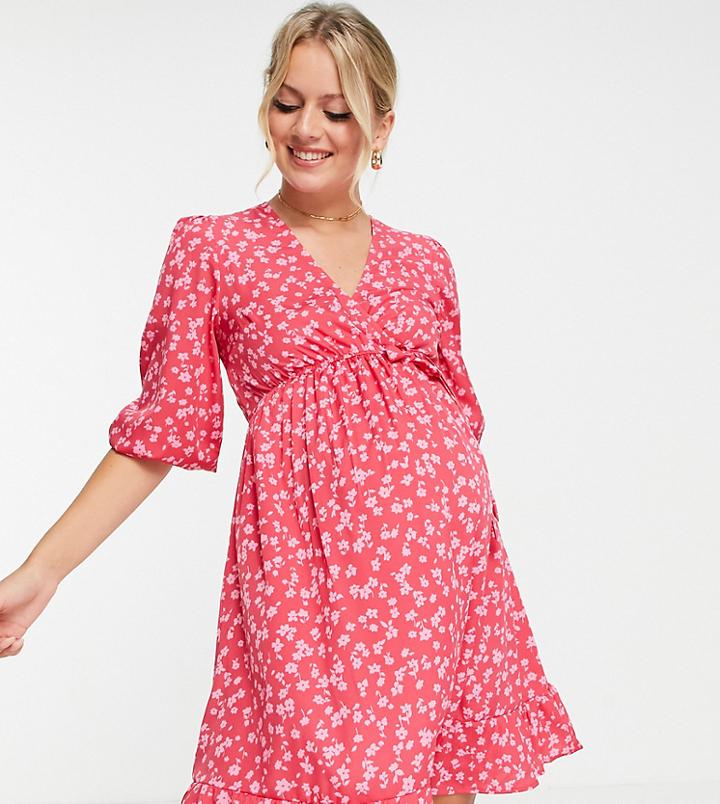 New Look Maternity Wrap Midi Dress In Red Ditsy Floral
