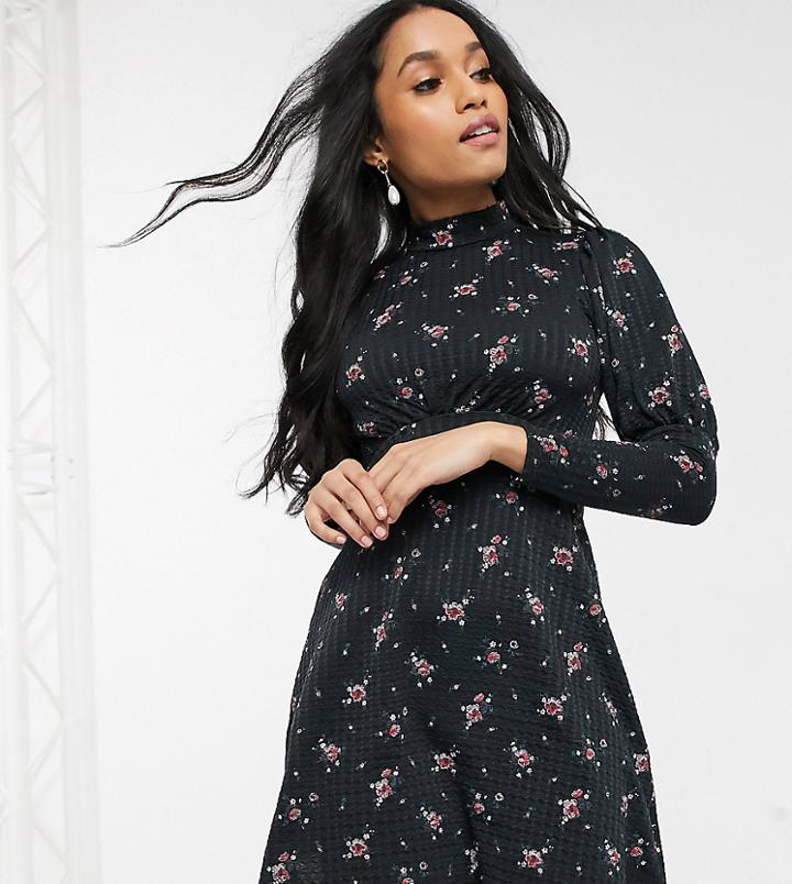 River Island Petite Floral Puff Sleeved Mini Dress In Black