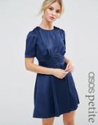 Asos Petite Short Sleeve Satin Tea Dress With Rouleau Buttons - Navy