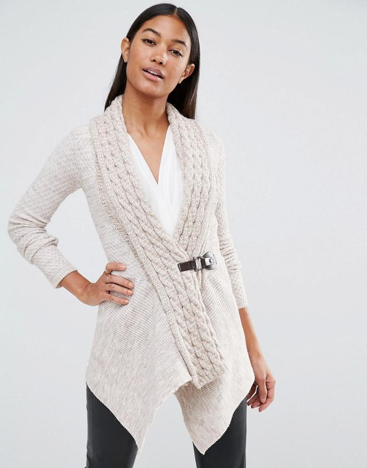 Lipsy Cable Knit Cardigan With Buckle Detail - Beige