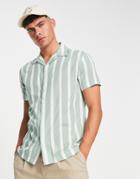 Selected Homme Revere Short Sleeve Shirt In White And Green Stripe