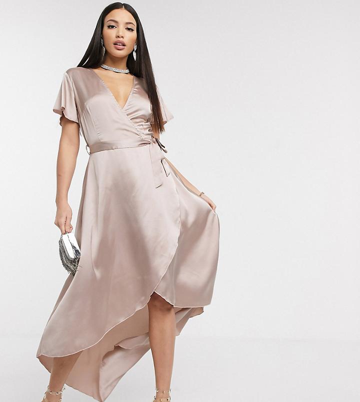 Missguided Tall Satin Wrap Midi Dress In Blush-pink
