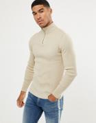 Asos Design Muscle Fit Ribbed Half Zip Sweater In Oatmeal - Beige