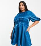 Ever New Curve Satin Ruffle Hem Dress With Bow Back In Blue-green