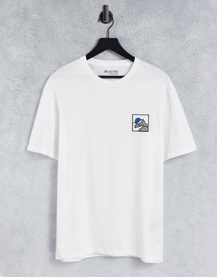 Selected Homme Organic Cotton Oversized T-shirt With Mountain Chest Embroidery In White