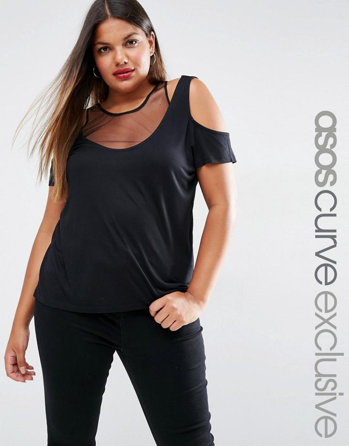 Asos Curve Cold Shoulder Top With Mesh Underlayer - Black