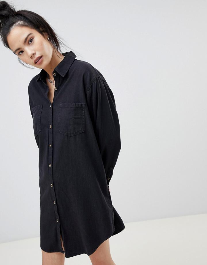 Pull & Bear Denim Shirt Dress In Washed Black - Black